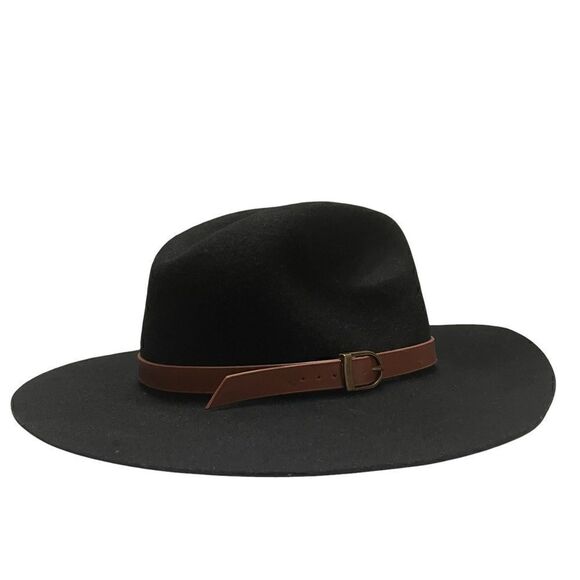 Tart 100% Wool Fedora Black with Brown Leather Belt Detail Hat - Picture 1 of 6
